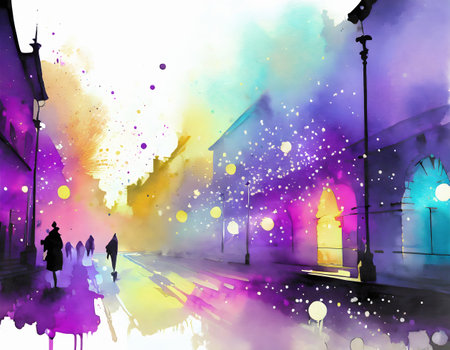 AI generated image showing a vivid illuminated city scenery, watercolor style with splashes and spotsの素材