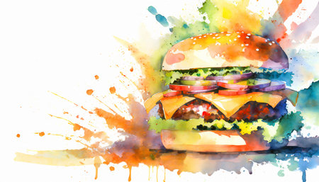 AI generated image showing a big fast food burger, watercolor style with splashes and spotsの素材