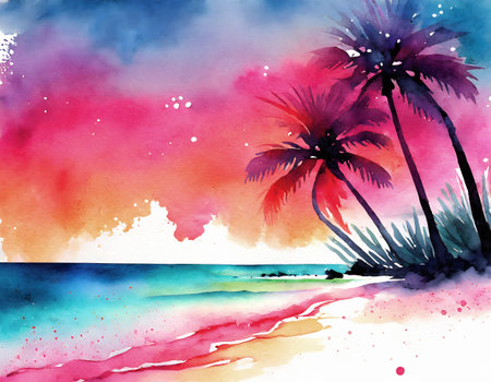 AI generated image showing a colorful illuminated beach scenery with palm trees at evening time, watercolor style with splashes and spotsの素材