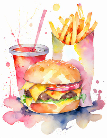 AI generated image showing a fast food arrangement with burger, french fries and soft drink, watercolor style with splashes and spots in light backの素材