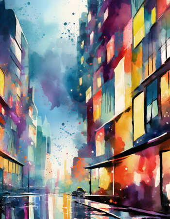 AI generated image showing the colorful impression of an illuminated big city, watercolor style with splashes and spotsの素材