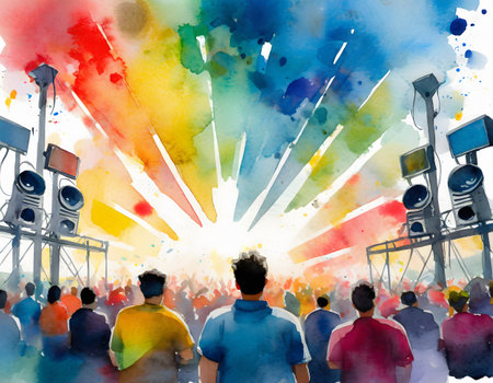 AI generated image showing a colorful illuminated event including audience, watercolor style with splashes and spotsの素材