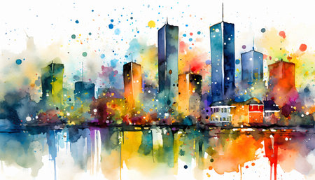 AI generated image showing a colorful big city behind a mirroring water surface, watercolor style with splashes and spots in light backの素材