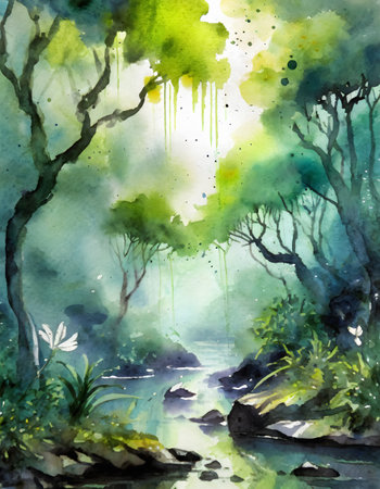 AI generated image showing a dense jungle scenery including a small river, watercolor style with splashes and spotsの素材