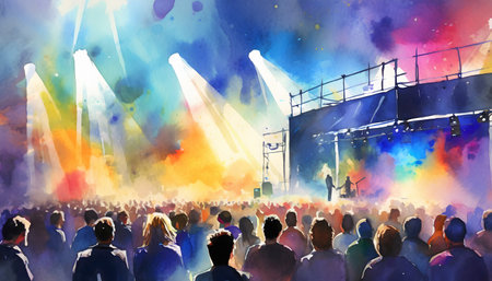 AI generated image showing a colorful illuminated event including audience, watercolor style with splashes and spotsの素材