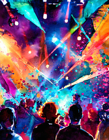 AI generated image showing a colorful illuminated event including audience, watercolor style with splashes and spotsの素材