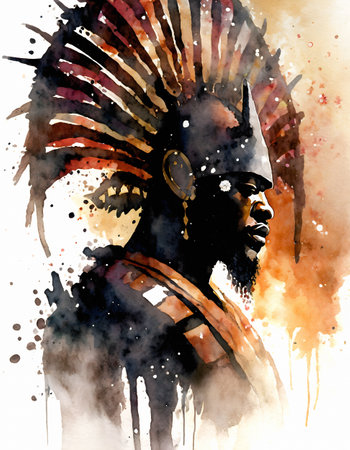 AI generated image showing the portrait of an African warrior with exotic headdress, watercolor style with splashes and spotsの素材
