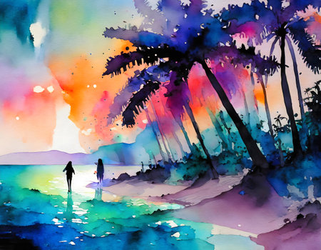 AI generated image showing a colorful illuminated beach scenery with palm trees at evening time, watercolor style with splashes and spotsの素材