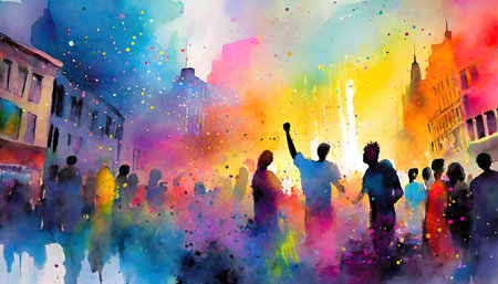 AI generated image showing a colorful illuminated downtown party, watercolor style with splashes and spotsの素材