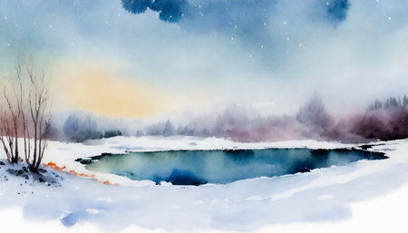 AI generated image showing a snowbound winter landscape including some trees and a small lake at evening time, watercolor style with splashes and spotsの素材