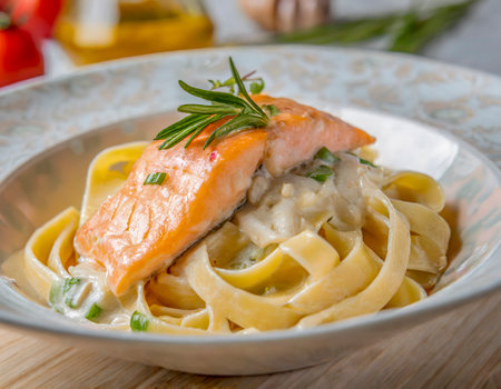 Closeup shot of an Italian pasta dish with salmon and cream sauce (AI generated)の素材