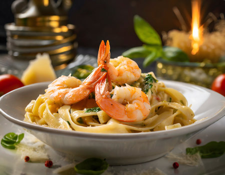 Closeup shot of an Italian pasta dish with shrimps in festive ambiance (AI generated)の素材