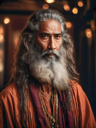 Portrait of an old Indian guru with long hair and beard (AI generated)の素材
