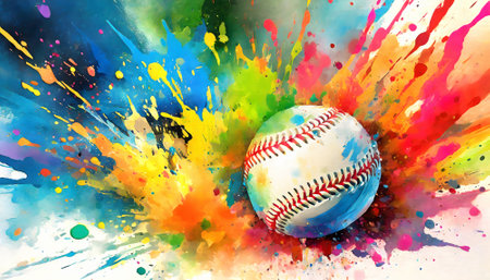 Baseball theme showing a baseball on the ground in multicolored vibrant splashy ambiance. AI generated image with lots of paint splashes, splatters and spotsの素材