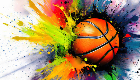 Basketball theme showing a basketball in multicolored vibrant splashy ambiance. AI generated image with lots of paint splashes, splatters and spotsの素材