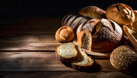 Bakery theme showing various breads on wooden ground, AI generatedの素材