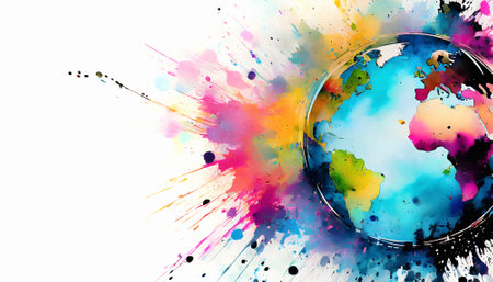 Planet Earth theme showing a symbolic Earth ball in multicolored vibrant splashy ambiance. AI generated image with lots of paint splashes, splatters and spotsの素材
