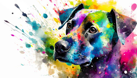 Pet theme showing the portrait of a dog in multicolored vibrant splashy ambiance. AI generated image with lots of paint splashes, splatters and spotsの素材