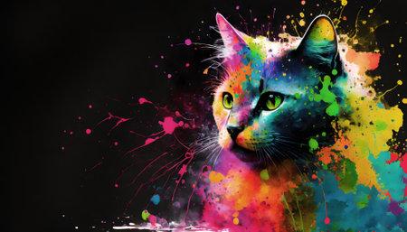 Pet theme showing the portrait of a cat in multicolored vibrant splashy ambiance. AI generated image with lots of paint splashes, splatters and spotsの素材