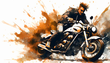 Motorcycling theme showing a biker on his motorbike in multicolored vibrant splashy ambiance. AI generated image with lots of paint splashes, splatters and spotsの素材