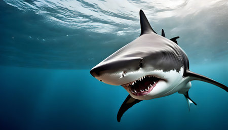 AI generated image showing an attacking shark with open mouthの素材