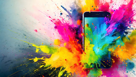 Multimedia theme showing a smartphone in multicolored vibrant splashy ambiance. AI generated image with lots of paint splashes, splatters and spotsの素材