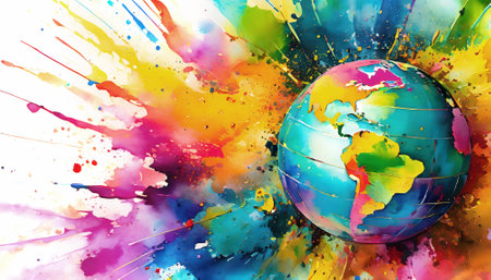 Planet Earth theme showing a symbolic Earth ball in multicolored vibrant splashy ambiance. AI generated image with lots of paint splashes, splatters and spotsの素材