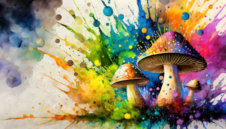 Recreational drugs theme showing some magic mushrooms in multicolored vibrant splashy ambiance. AI generated image with lots of paint splashes, splatters and spotsの素材