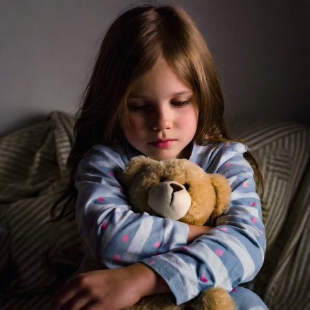 Portrait of a sad girl holding a teddy bear. AI generated image with low depth of fieldの素材
