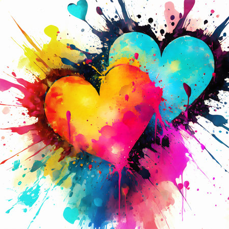 Love theme theme showing two heart symbols in multicolored vibrant splashy ambiance. AI generated image with lots of paint splashes, splatters and spotsの素材