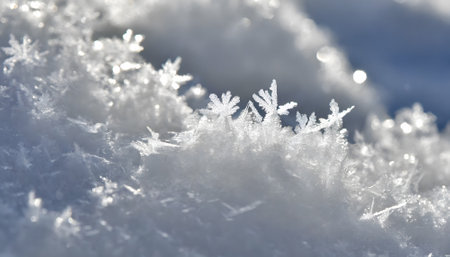 AI generated closeup image showing snow crystals in sunny ambianceの素材