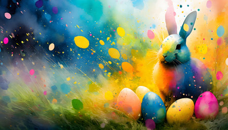 Easter theme showing colored Easter eggs and Easter Bunny in multicolored vibrant splashy ambiance. AI generated image with lots of paint splashes, splatters and spotsの素材