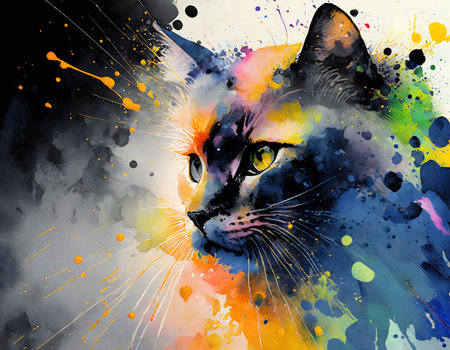 Pet theme showing the portrait of a cat in multicolored vibrant splashy ambiance. AI generated image with lots of paint splashes, splatters and spotsの素材