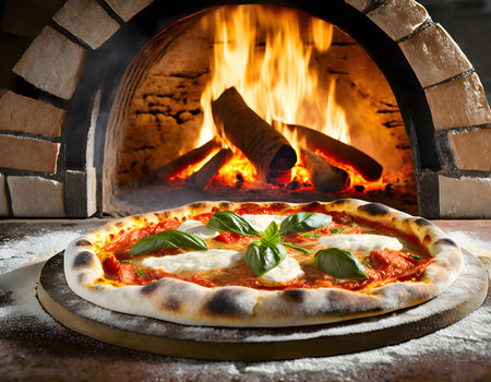 AI generated image showing an Italian pizza in front of a wood-fired brick ovenの素材