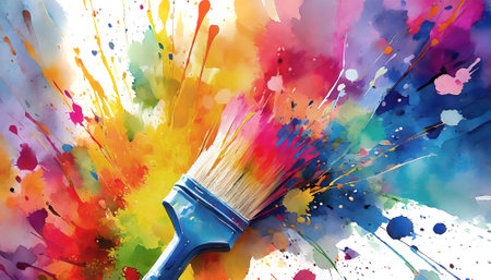 Art theme showing a paintbrush in multicolored vibrant splashy ambiance. AI generated image with lots of paint splashes, splatters and spotsの素材