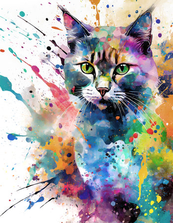 Pet theme showing the portrait of a cat in multicolored vibrant splashy ambiance. AI generated image with lots of paint splashes, splatters and spotsの素材