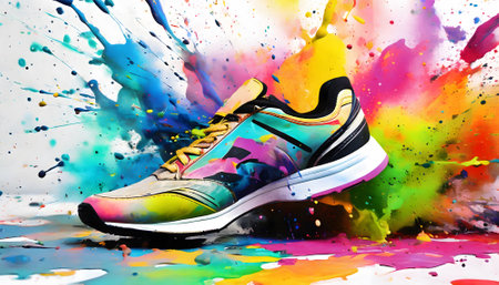 Sports theme showing a modern sneaker shoe in multicolored vibrant splashy ambiance. AI generated image with lots of paint splashes, splatters and spotsの素材