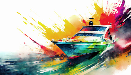 Watercraft theme showing a speedboat in multicolored vibrant splashy ambiance. AI generated image with lots of paint splashes, splatters and spotsの素材