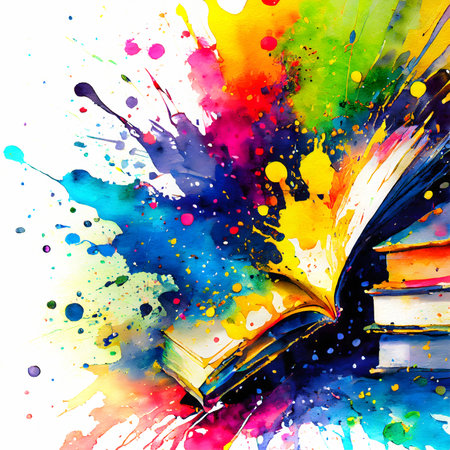 Books and reading theme showing some books in multicolored vibrant splashy ambiance. AI generated image with lots of paint splashes, splatters and spotsの素材