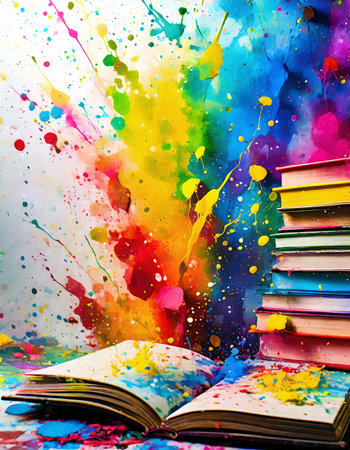Books and reading theme showing some books in multicolored vibrant splashy ambiance. AI generated image with lots of paint splashes, splatters and spotsの素材