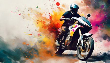 Motorcycling theme showing a biker on his motorbike in multicolored vibrant splashy ambiance. AI generated image with lots of paint splashes, splatters and spotsの素材