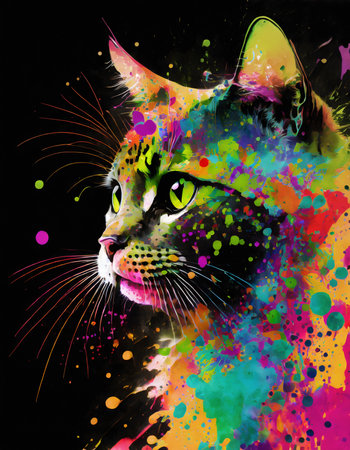 Pet theme showing the portrait of a cat in multicolored vibrant splashy ambiance. AI generated image with lots of paint splashes, splatters and spotsの素材