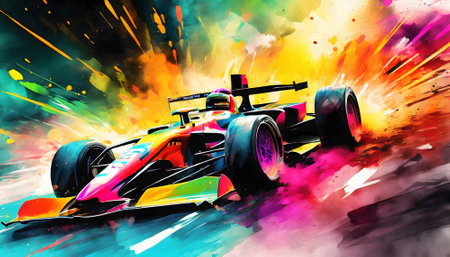 Racing car theme showing an open-wheel racing car in multicolored vibrant splashy ambiance. AI generated image with lots of paint splashes, splatters and spotsの素材