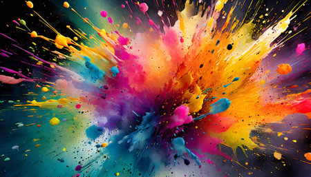 theme showing in multicolored vibrant splashy ambiance. AI generated image with lots of paint splashes, splatters and spotsの素材