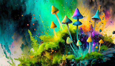 Recreational drugs theme showing some magic mushrooms in multicolored vibrant splashy ambiance. AI generated image with lots of paint splashes, splatters and spotsの素材