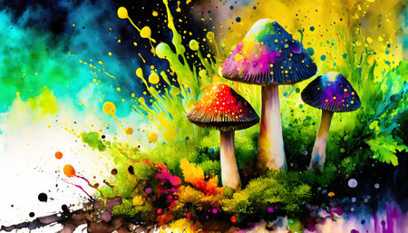 Recreational drugs theme showing some magic mushrooms in multicolored vibrant splashy ambiance. AI generated image with lots of paint splashes, splatters and spotsの素材
