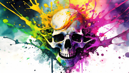 Mortal theme showing a skull in multicolored vibrant splashy ambiance. AI generated image with lots of paint splashes, splatters and spotsの素材