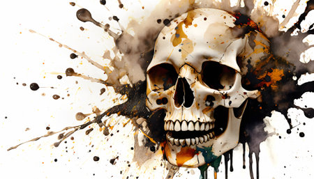 Mortal theme showing a skull in splashy ambiance. AI generated image with lots of paint splashes, splatters and spotsの素材