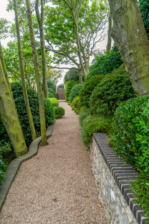 Idyllic park scenery with green trees, bushes and hedges including a footpath at summer time lakes in Normandy, Franceの写真素材