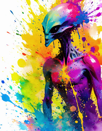 Extraterrestrial life form theme showing an alien in multicolored vibrant splashy ambiance. AI generated image with lots of paint splashes, splatters and spotsの素材